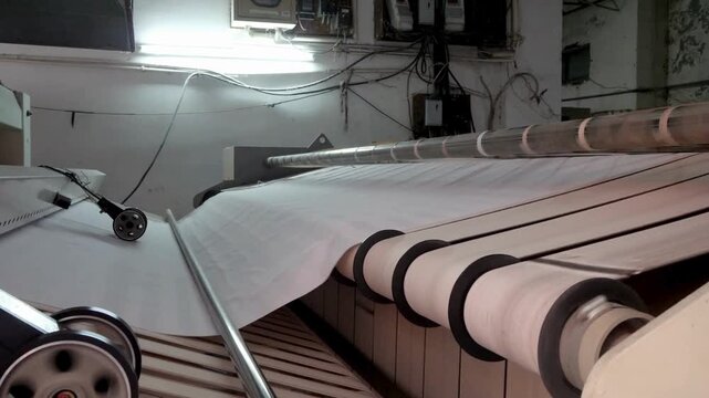 Industrial fabric processing machine in a textile factory with white material moving through rollers