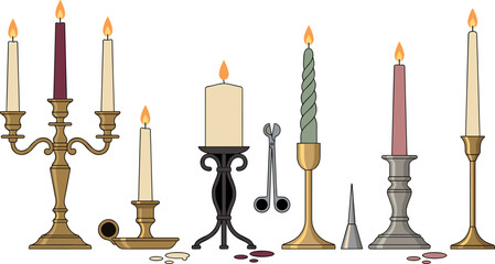 Fototapeta premium Vintage Candlestick and Candle Vector Set Featuring Elegant Brass Candelabra Pillars and Wick Trimmer for Cozy Home Decor and Romantic Dinner Designs