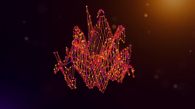 Dynamic Netherlands map animation built from interconnected neural nodes and flowing digital links over a purple orange bokeh background, representing AI, data, and technological transformation.