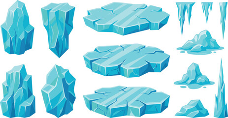 Ice Game Assets Vector Set Featuring Icebergs Icicles Floating Frozen Platforms and Crystal Rocks for Winter Video Game Level Design and Animations © Rtazmina