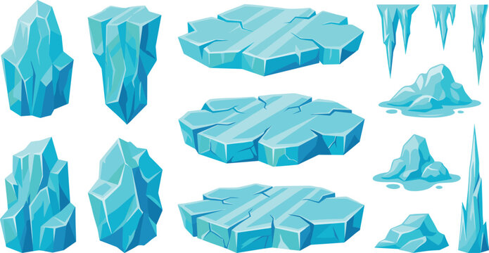 Ice Game Assets Vector Set Featuring Icebergs Icicles Floating Frozen Platforms and Crystal Rocks for Winter Video Game Level Design and Animations
