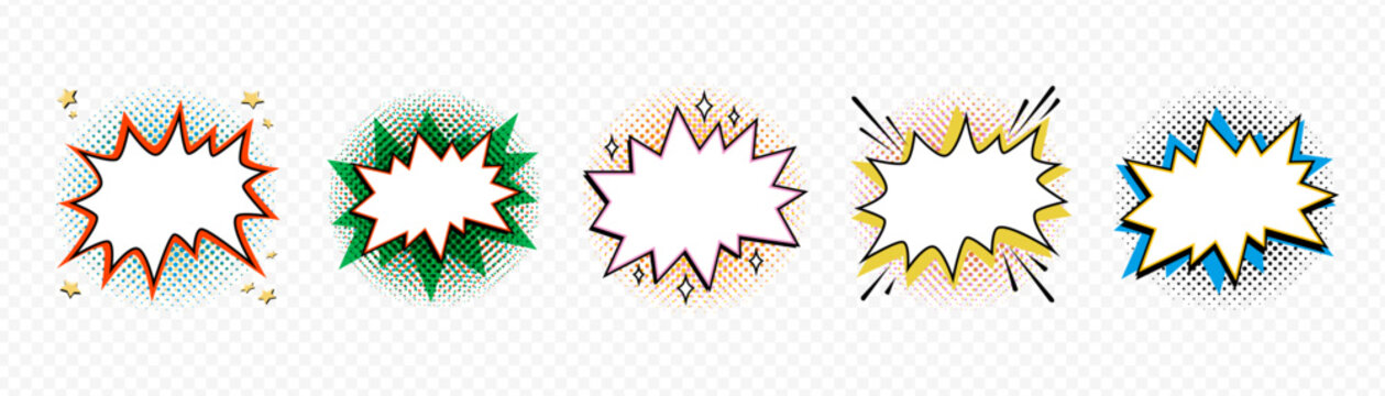 Set of comic starburst shapes with blank center, colorful burst stickers and halftone dots in retro pop art vector style on transparent background. Starburst shapes burst stickers for promo banners.