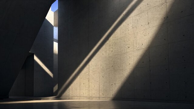 A monumental geometric concrete light well with sharp beams of sunlight.