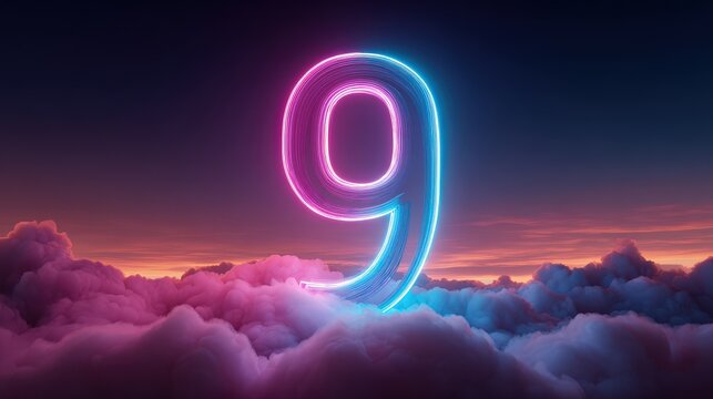 3d render, neon linear number nine and colorful cloud glowing with pink blue neon light, abstract fantasy background.