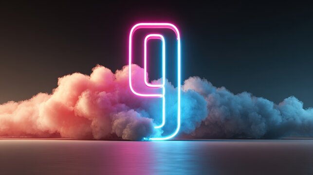 3d render, neon linear number nine and colorful cloud glowing with pink blue neon light, abstract fantasy background.