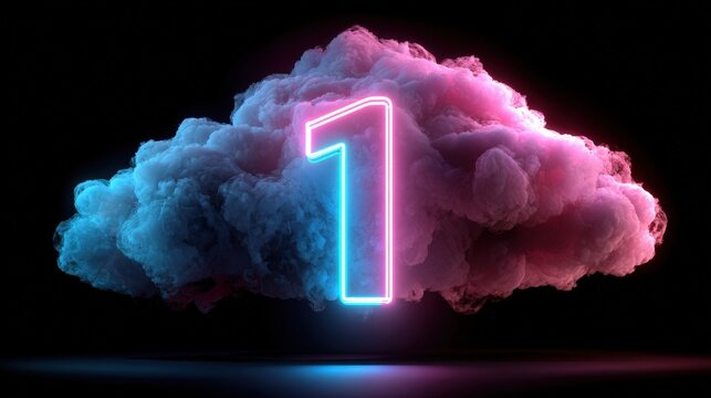 3d render, neon linear number one and colorful cloud glowing with pink blue neon light, abstract fantasy background.