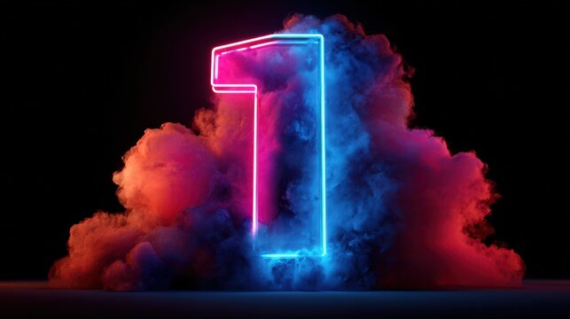 3d render, neon linear number one and colorful cloud glowing with pink blue neon light, abstract fantasy background.
