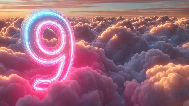 3d render, neon linear number nine and colorful cloud glowing with pink blue neon light, abstract fantasy background.
