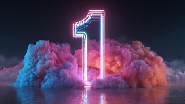 3d render, neon linear number one and colorful cloud glowing with pink blue neon light, abstract fantasy background.