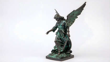 Naklejka premium Elegant bronze archangel statue isolated on white, highlighting classical craftsmanship, spirituality, faith, and timeless religious art traditions.