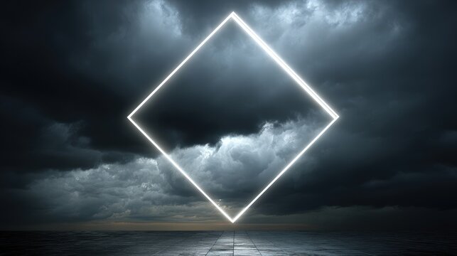 3d rendering, abstract futuristic background with neon geometric shape and stormy cloud on night sky. Rhombus frame with copy space.
