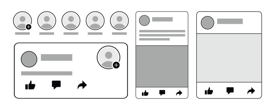 Social media interface mockup elements with profile avatars and post layout templates featuring interaction buttons like like comment and share for app design.