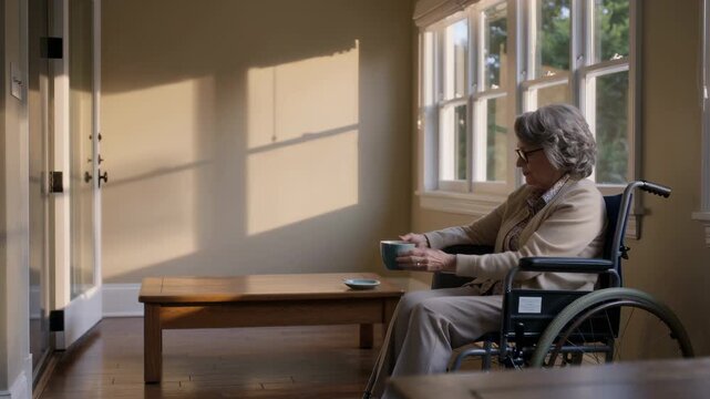 Holding mug senior woman in wheelchair with glasses raising and sipping it by window, copy space