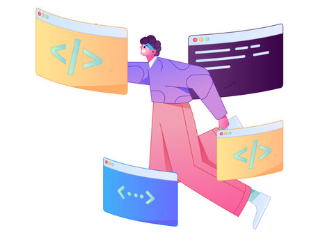 Programming teaching development flat character vector concept operation hand drawn illustration
