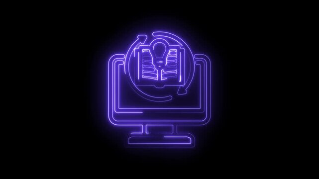 Digital learning icon glowing neon purple on black background online education concept e learning