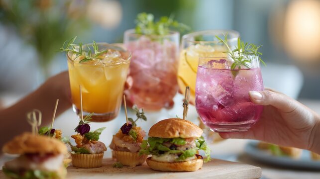 Nonalcoholic cocktail and appetizer spread for home party background and banner design showcasing colorful mocktails and finger food