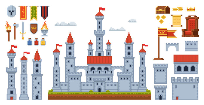 Pixel medieval castle assets. Fantasy towers with flag banners, weapons and fortress elements for rpg and platformer games, architecture elements qualitative vector cartoon isolated set
