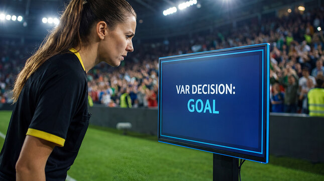 Professional female soccer referee reviewing a video assistant referee monitor displaying a goal decision on the sidelines of a crowded stadium at night.