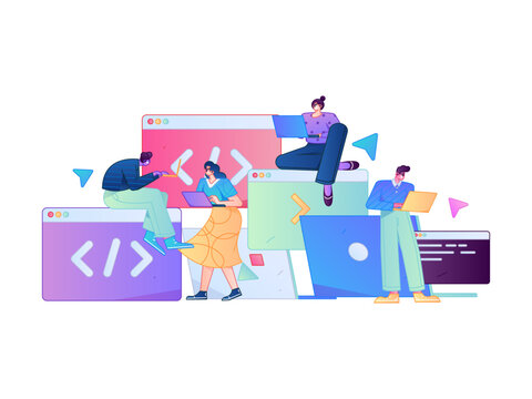Programming teaching development flat character vector concept operation hand drawn illustration
