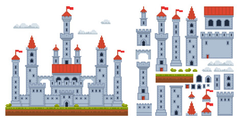 Naklejka premium Pixel fantasy castle constructor. Medieval towers, walls and fortress assets for platformer, rpg game design, 8 bit towers, walls, gates, roofs and flags, qualitative vector cartoon flat set