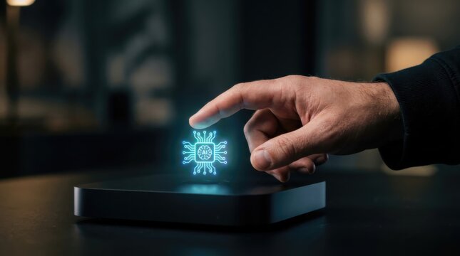 Man touching glowing blue holographic chip floating above device. Artificial intelligence concept interface. Innovative data processing and future neural network technology integration.