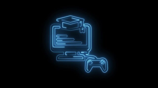 Glowing blue neon outline of computer monitor with graduation cap and gamepad symbolizing icon