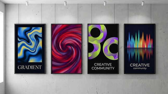 Four modern abstract art posters hanging on a concrete wall