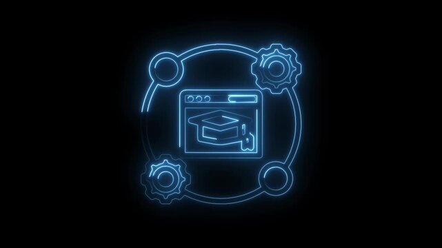 Glowing blue neon graduation cap icon within a circular network of gears and nodes representing