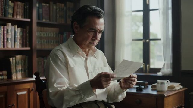 Holding sheet, senior man in pale shirt reading, processing document at wooden desk with camera
