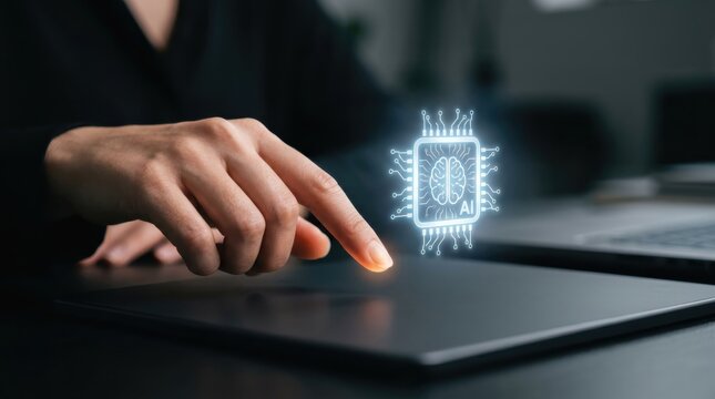 Woman hand touching digital tablet with glowing artificial intelligence brain chip hologram. Futuristic automation technology and smart chatbot interface. Innovation in modern cloud computing.