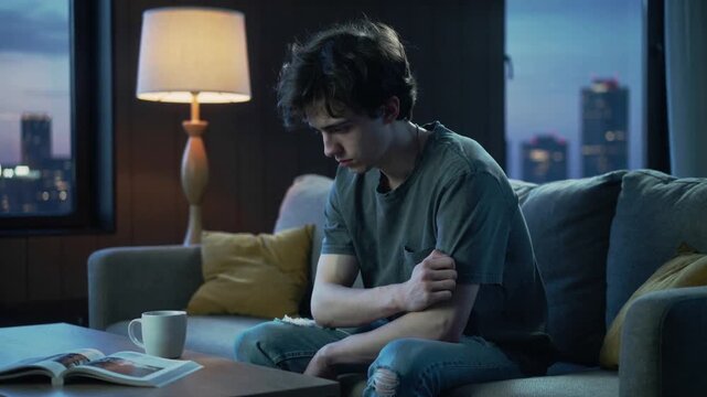 Sitting teen wearing green tee, jeans at home, lowering head, gripping left arm with lamp glowing