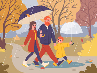 Obraz premium Happy family walking under umbrella in autumn rain. Cozy rainy day lifestyle, parents and child enjoying outdoor walk, weather protection clothes seasonal nature classy vector cartoon concept