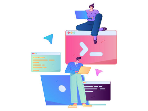 Programming teaching development flat character vector concept operation hand drawn illustration
