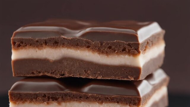 Close up slow motion of melting chocolate layers with crunchy topping texture on dark background