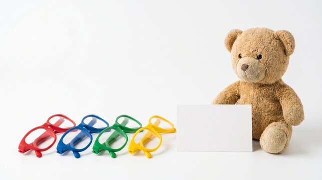 Colorful children's eyeglasses frames beside teddy bear and blank card, pediatric optometry concept with copy space on white background.