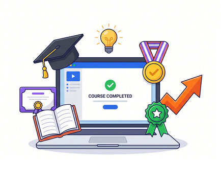 Online Education Course Completion Vector Illustration with Laptop, Graduation Cap, and Certificate Icons