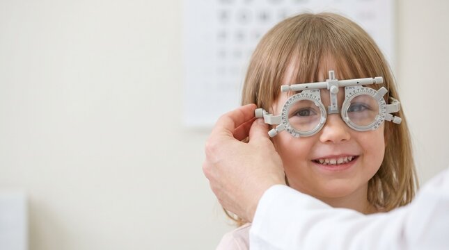 Smiling child wearing trial frames during pediatric eye exam while doctor adjusts lenses, vision testing and optometry care in bright clinic.
