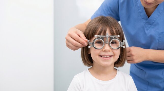 Smiling child wearing trial frames during pediatric eye exam while clinician adjusts lenses, vision testing and optometry care in bright clinic.