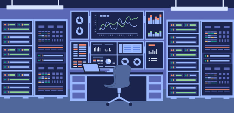 Data center monitoring workspace. Server racks, analytics dashboard, network management, cybersecurity control room infrastructure, technical environment garish vector cartoon concept