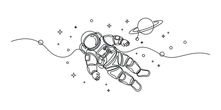 Astronaut floating in space with a planet and stars in a continuous line art style.