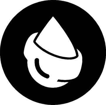 Minimalist white teardrop shape on black circle.
