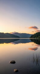 Fototapeta premium Serene Lake Reflection at Sunset with Mountain Silhouette.