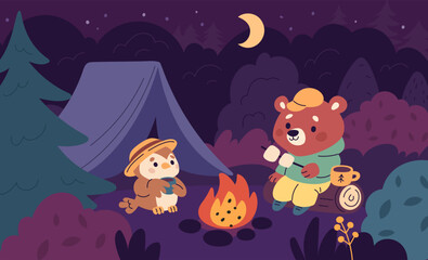 Obraz premium Animals in camping. Night forest adventures, bear and owl near campfire, hot chocolate with fried marshmallows, tent, hiking and recreation garish vector cartoon isolated travel concept