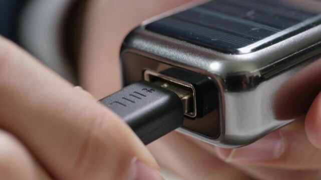 Inserting hands with dark cuff pushing black USB into metallic device port at desk, charging phone