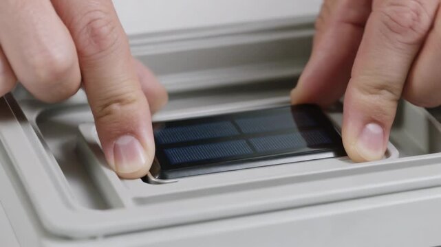 Holding panel, fingertips lowering solar module into beige tray with foam to seat module flush