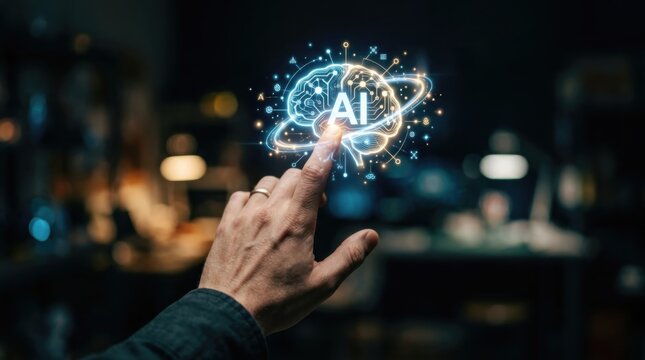 Man touching glowing holographic brain icon representing artificial intelligence. Futuristic digital technology interface for machine learning and neural network data analysis concept.