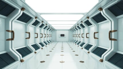 Obraz premium A futuristic, sterile corridor with white walls, blue vents, and a sleek design, suggesting a space or sci-fi environment.