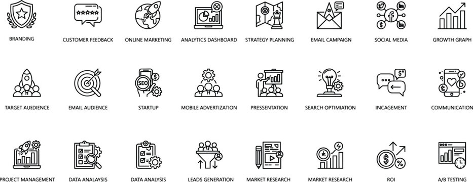Marketing business strategy analytics branding customer feedback online growth campaign engagement communication ROI A/B testing