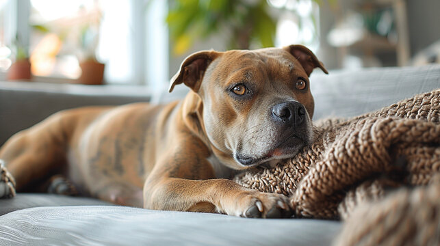 Strong pit bull terrier dog lying on a modern sofa in a stylish apartment, domestic pet lifestyle and home security concept.