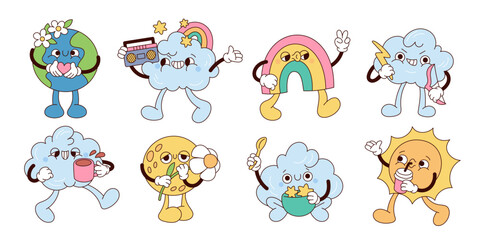 Obraz premium Cute weather mascots. Groovy cloud, sun, moon, rainbow and earth seasonal characters, kids cartoon stickers, positive emotions, decorative nature symbols, garish vector comic isolated set